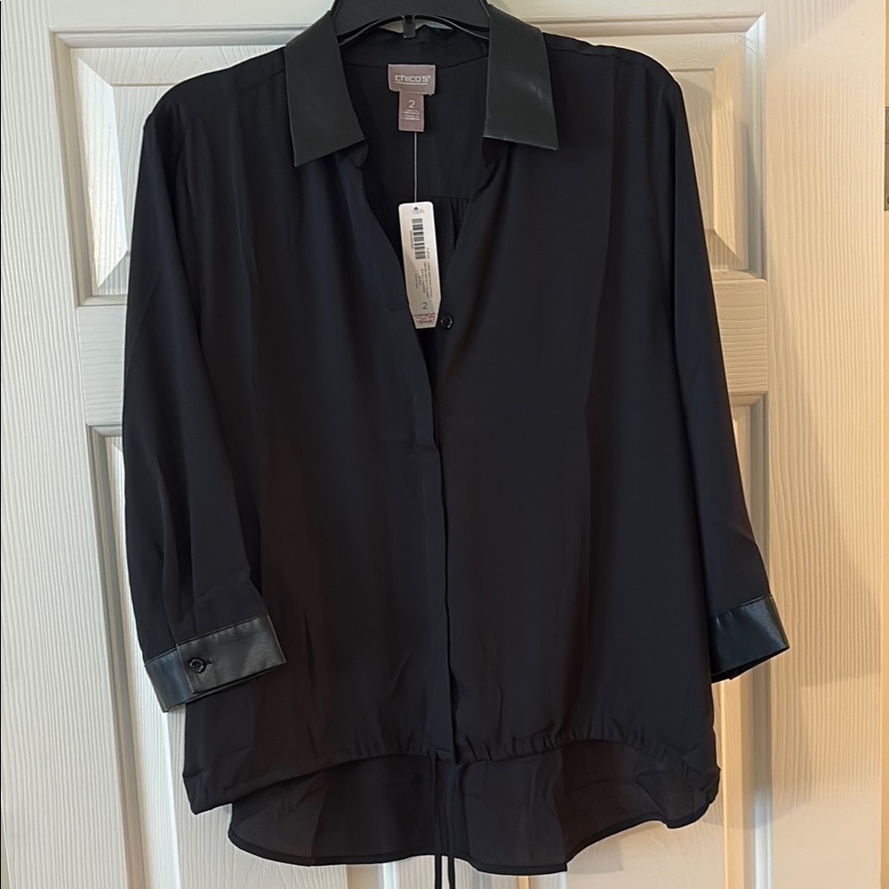 Chico's Black Women's Top with “Leather”  collar & cuffs